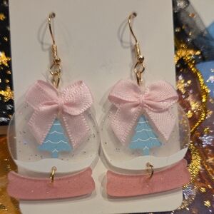 Pink and Blue Bow Snow Globe Earrings